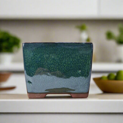 13cm Glazed Cascade Bonsai Pot | Square | 13cm x 13cm x 10cm | Green - Yorkshire Bonsai