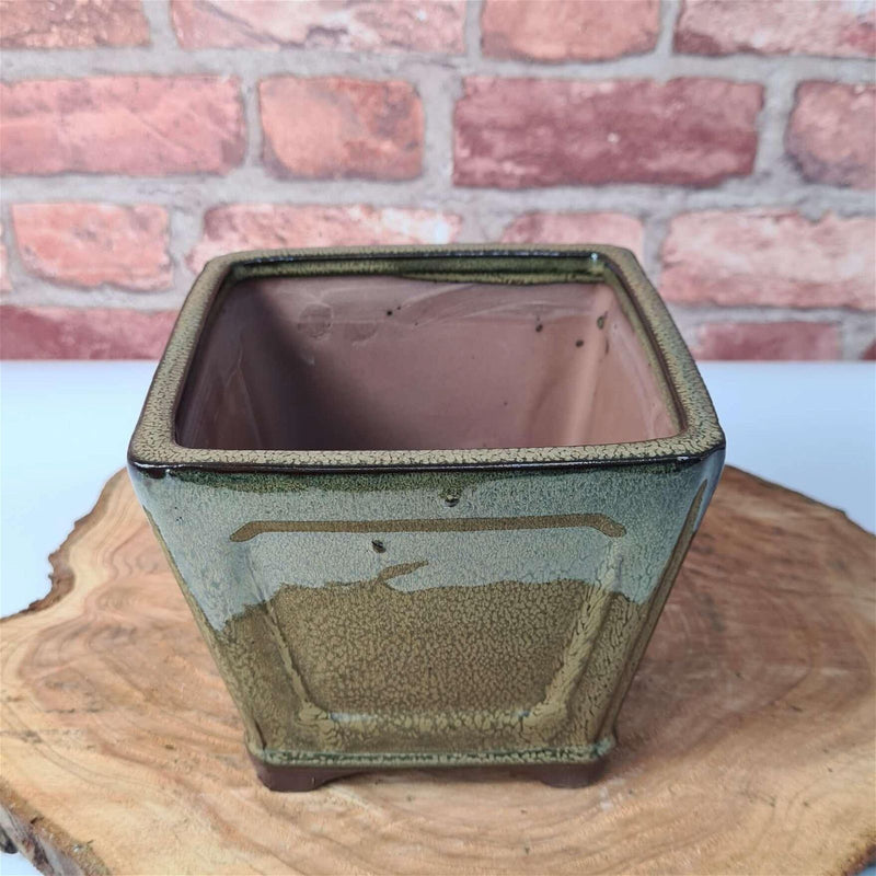 15cm Glazed Cascade Bonsai Pot | Square | 15cm x 15cm x 12cm | Green - Yorkshire Bonsai