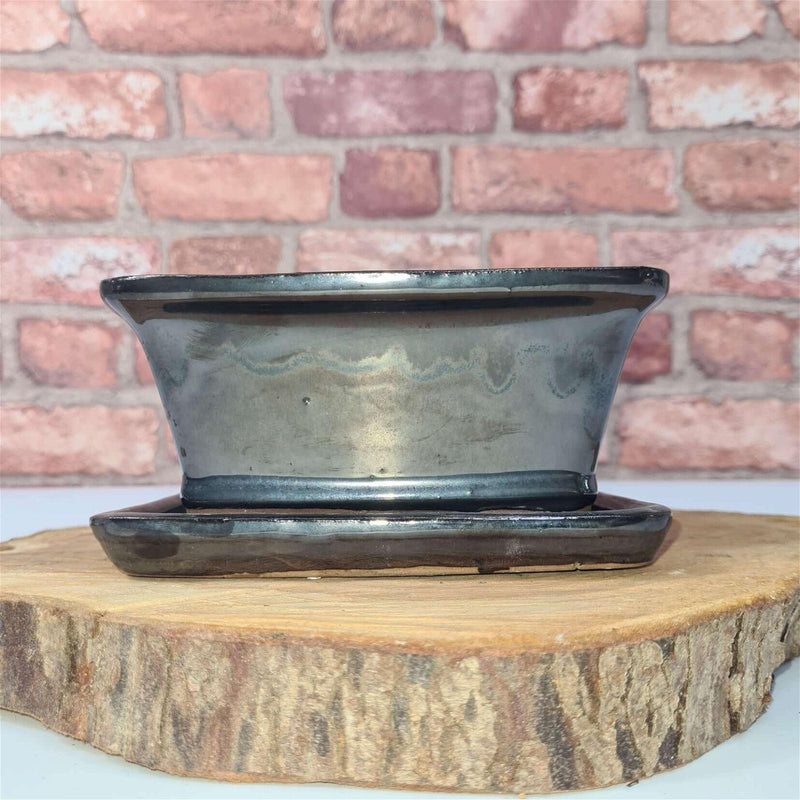 16cm Glazed Bonsai Pot | Rectangle | 16cm x 13cm x 6cm | Silver - Yorkshire Bonsai