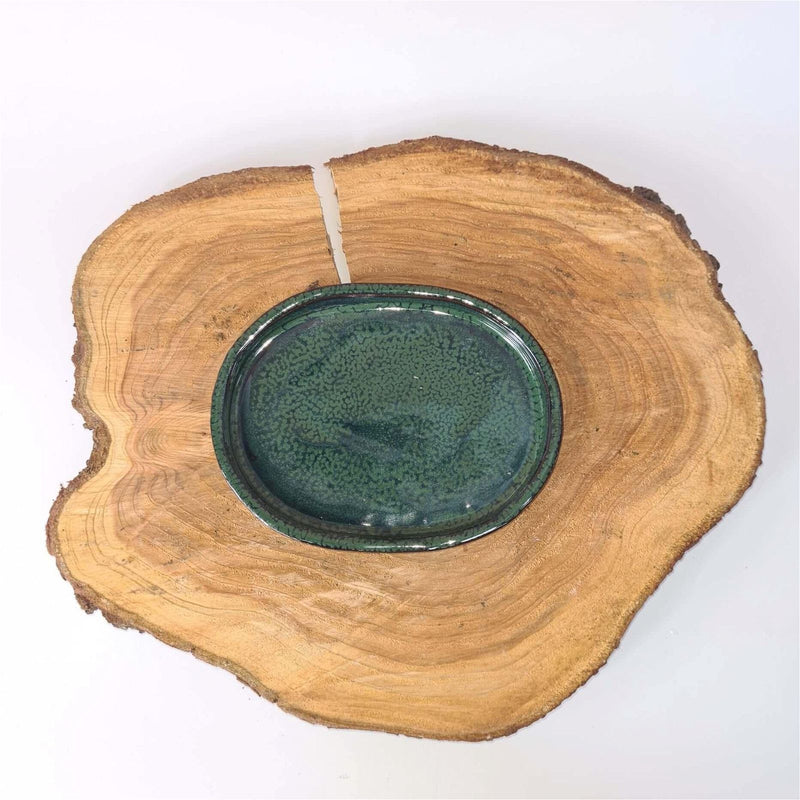 16cm Glazed Drip Tray | Oval | Dark Green - Yorkshire Bonsai