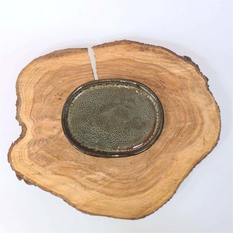 16cm Glazed Drip Tray | Oval | Green - Yorkshire Bonsai