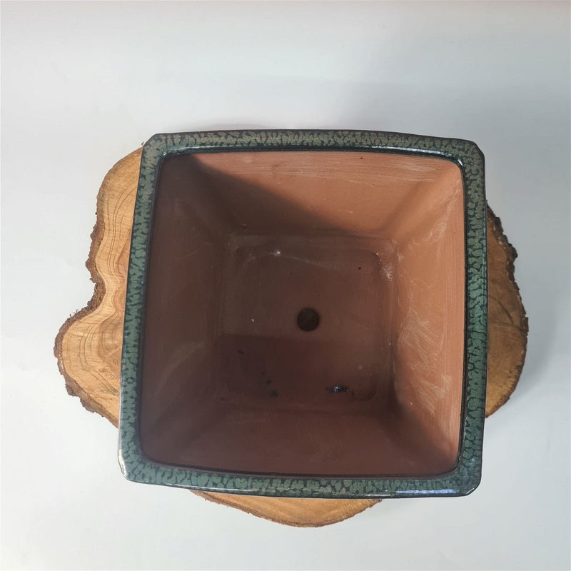 19cm Glazed Cascade Bonsai Pot | Square | 19cm x 19cm x 14cm | Dark Green - Yorkshire Bonsai