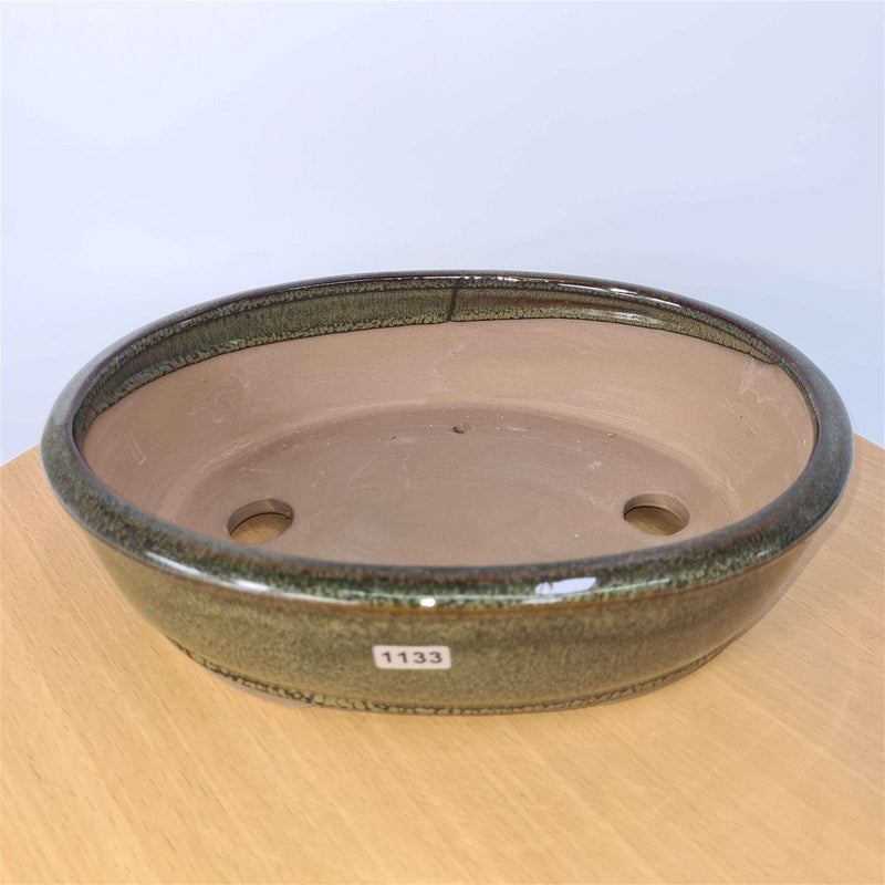 27cm Glazed Bonsai Pot | Oval | 27cm x 21cm x 8cm | Green - Yorkshire Bonsai