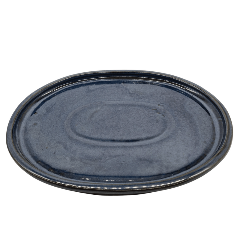 28cm Glazed Bonsai Pot Drip Tray | Oval | Blue - Yorkshire Bonsai