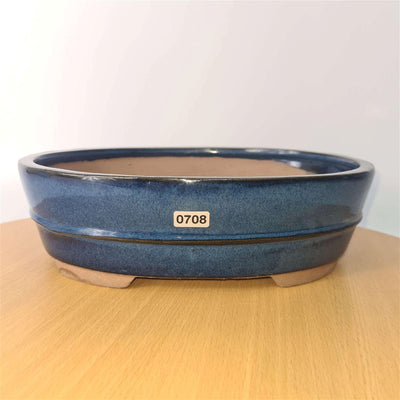 31cm Glazed Bonsai Pot | Oval | 31cm x 24cm x 8cm | Blue - Yorkshire Bonsai