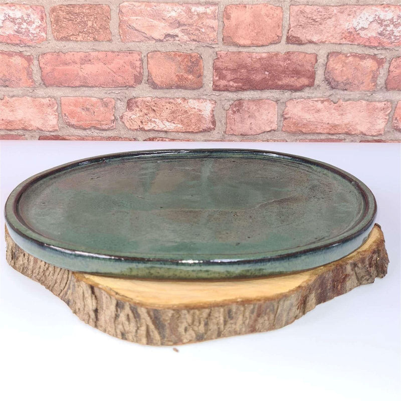 39cm Glazed Bonsai Pot Drip Tray | Oval | Green - Yorkshire Bonsai