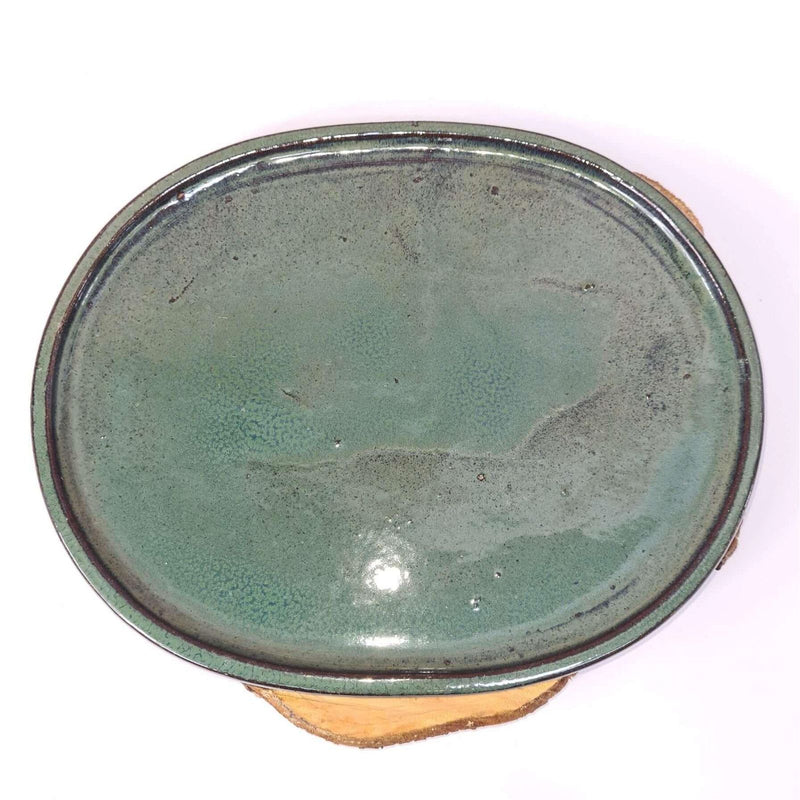 39cm Glazed Bonsai Pot Drip Tray | Oval | Green - Yorkshire Bonsai