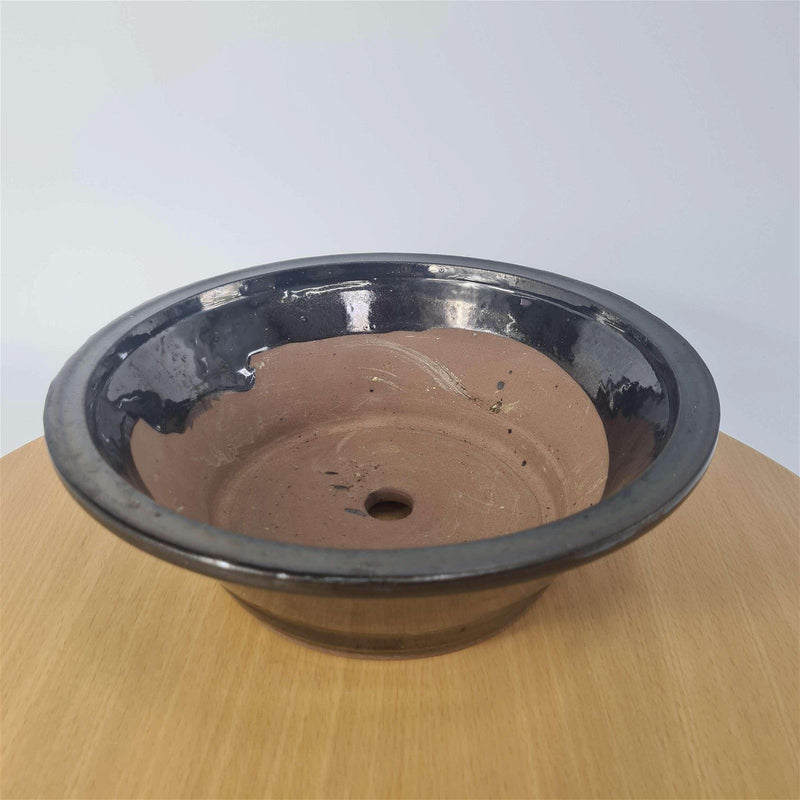 25cm Glazed Bonsai Pot | Round | 25cm x 10cm | Black / Silver - Yorkshire Bonsai